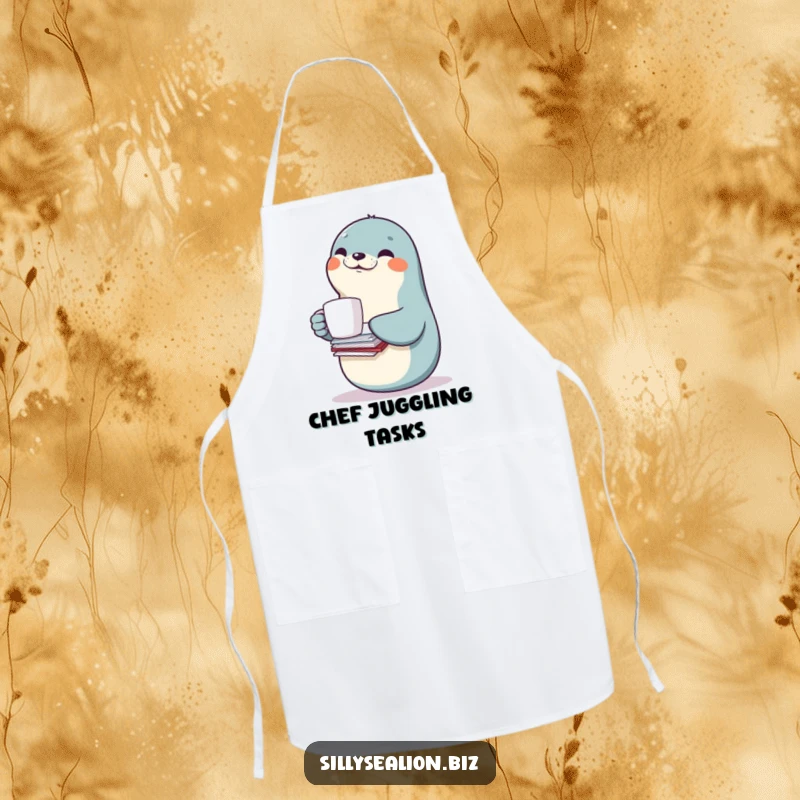 Funny sea lion apron featuring a smiling sea lion character balancing a coffee mug and a stack of papers, ready for kitchen tasks.