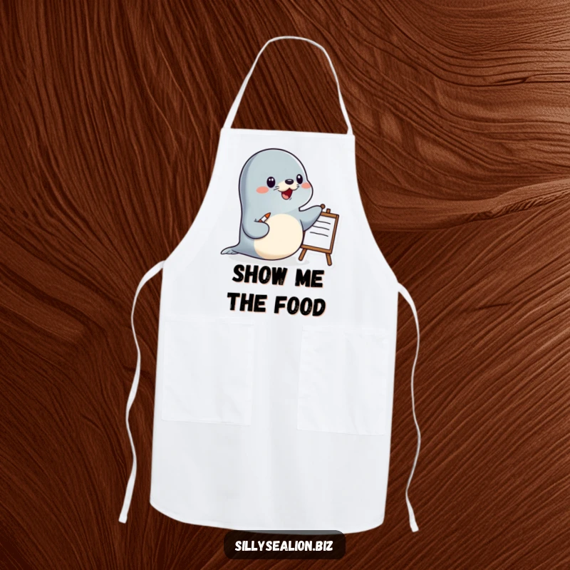 Funny sea lion apron featuring a happy sea lion character presenting with a pointer and a whiteboard, ready for teaching tasks.