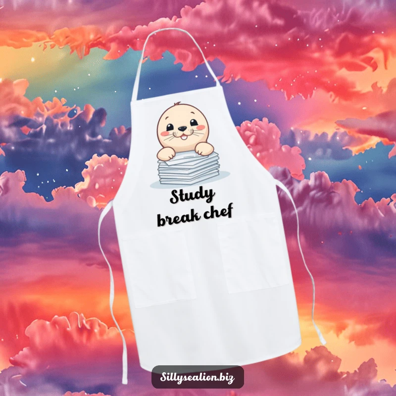 Funny sea lion apron, a pup playfully peeking over documents with a mischievous grin.