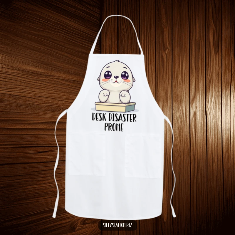 Funny sea lion pup apron showing a cute pup looking up with wide eyes from a tiny desk, ready for kitchen duties with humor.
