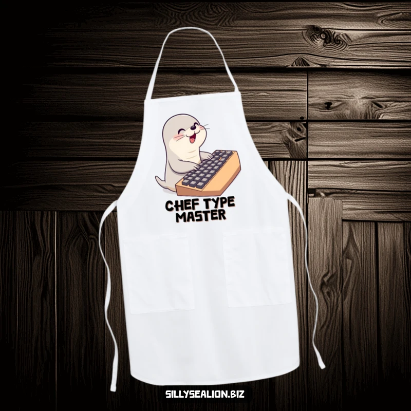 Funny sea lion apron with a cute sea lion character typing on a huge keyboard, perfect for cooking and coding enthusiasts.