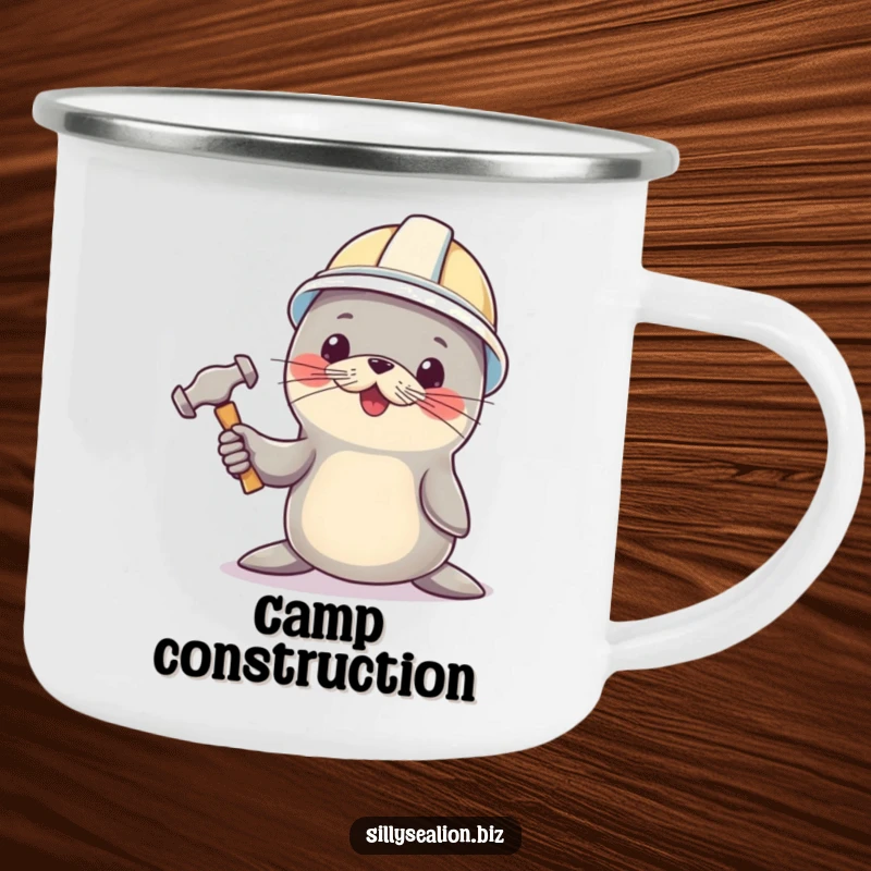 Funny sea lion camping mug, hard hat on, holding a tiny hammer, for witty outdoor constructors.