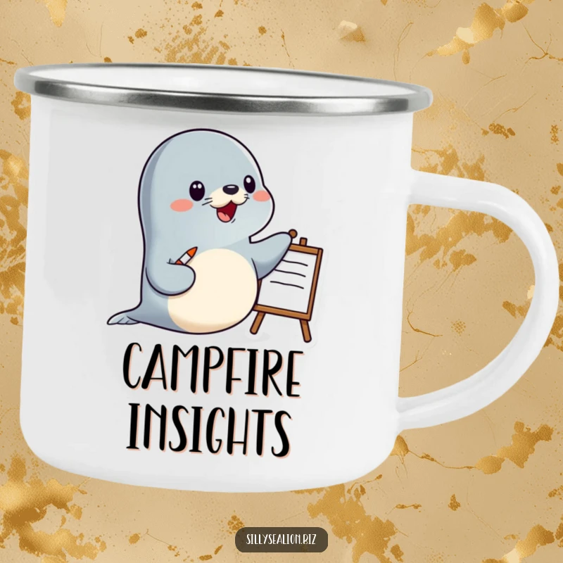 Funny sea lion camping mug featuring a happy sea lion character presenting with a pointer and whiteboard, ready for learning.