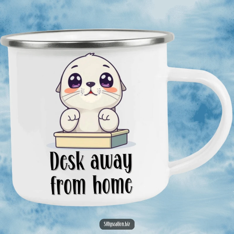 Funny sea lion pup camping mug showing a cute pup with wide eyes looking up from a miniature desk, for outdoor enthusiasts who love humor.