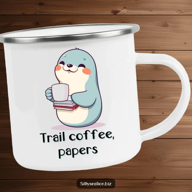 Funny sea lion camping mug featuring a smiling sea lion character balancing a coffee mug and papers, ready for the outdoors.