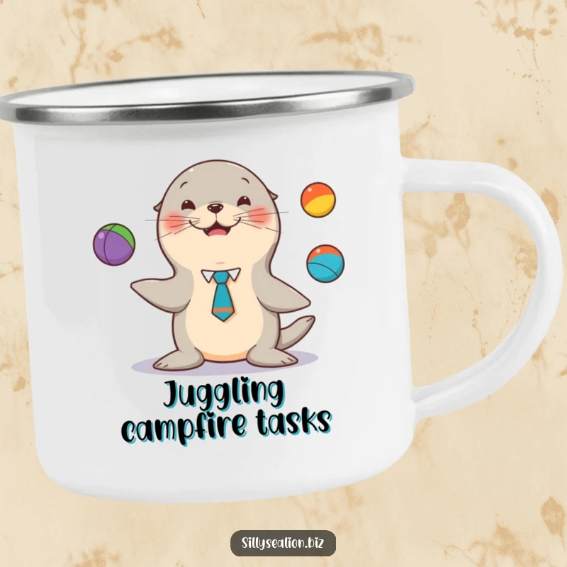 Funny sea lion camping mug, a tie, happily juggling colorful balls, for witty outdoor performers.