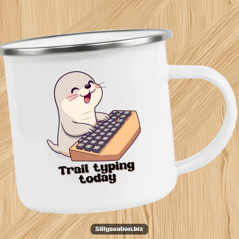 Funny sea lion camping mug with a cute sea lion character typing on a massive keyboard, ready for any adventure.