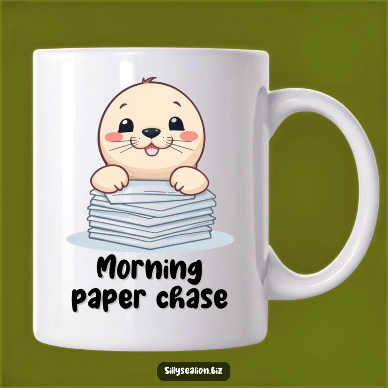 Funny Sea Lion Paper Peeker Mug: Playful Pup Grinning Over Documents