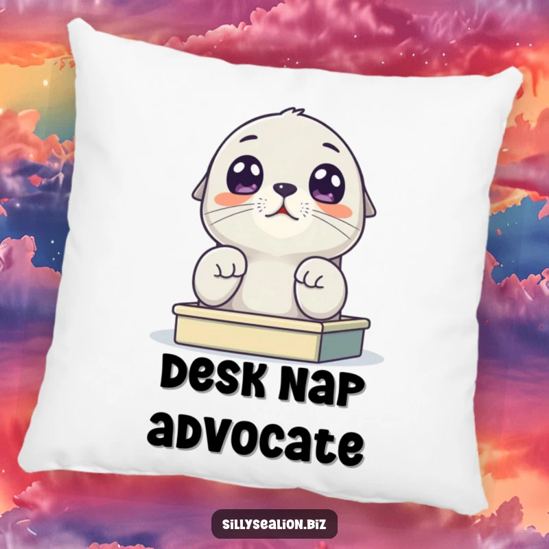Funny sea lion pup pillow showcasing a cute pup with wide eyes peering over a tiny desk, offering comfort and humor.