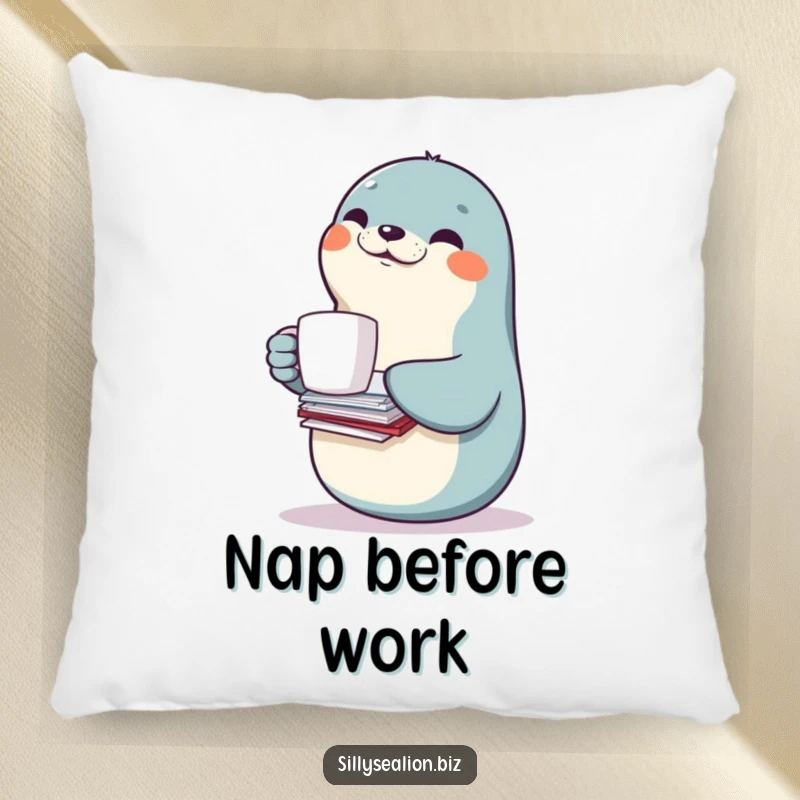 Funny sea lion pillow with a smiling sea lion character balancing a coffee mug and papers, offering cozy office humor.