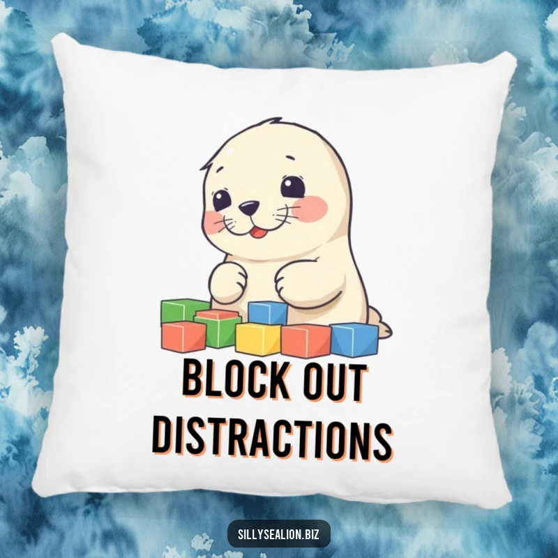 Funny sea lion pup pillow showcasing a cute, happy pup deeply engrossed in sorting a pile of colorful blocks, soft and inviting.
