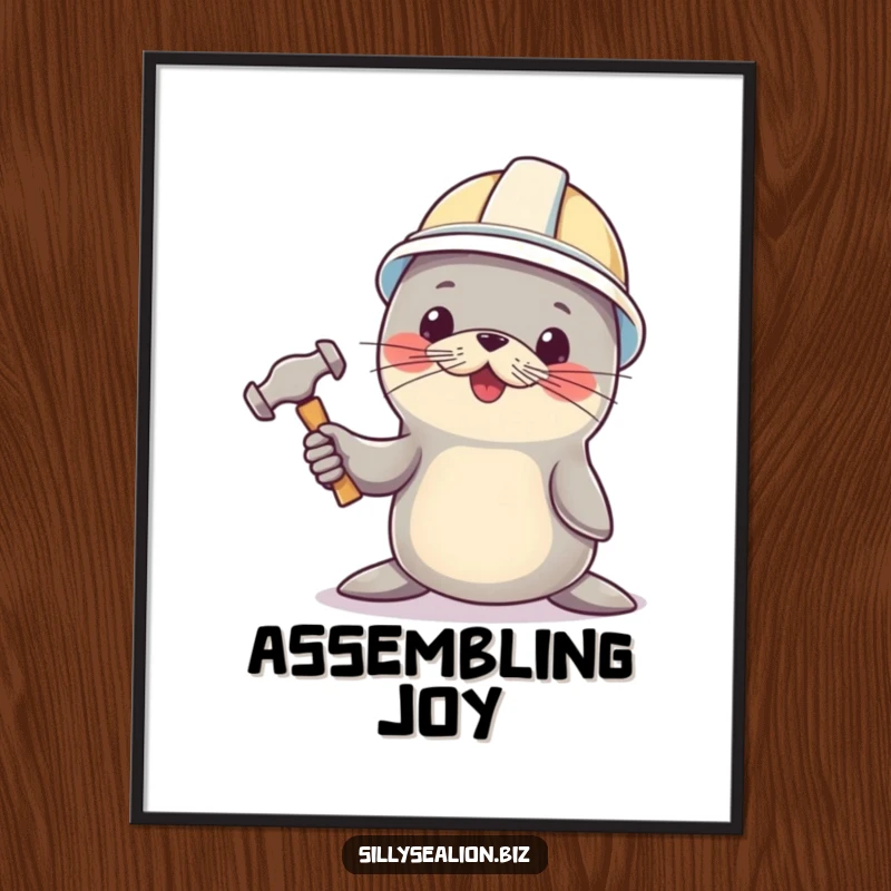 Funny sea lion digital art print, hard hat on, holding a tiny hammer, for charming construction-themed decor.