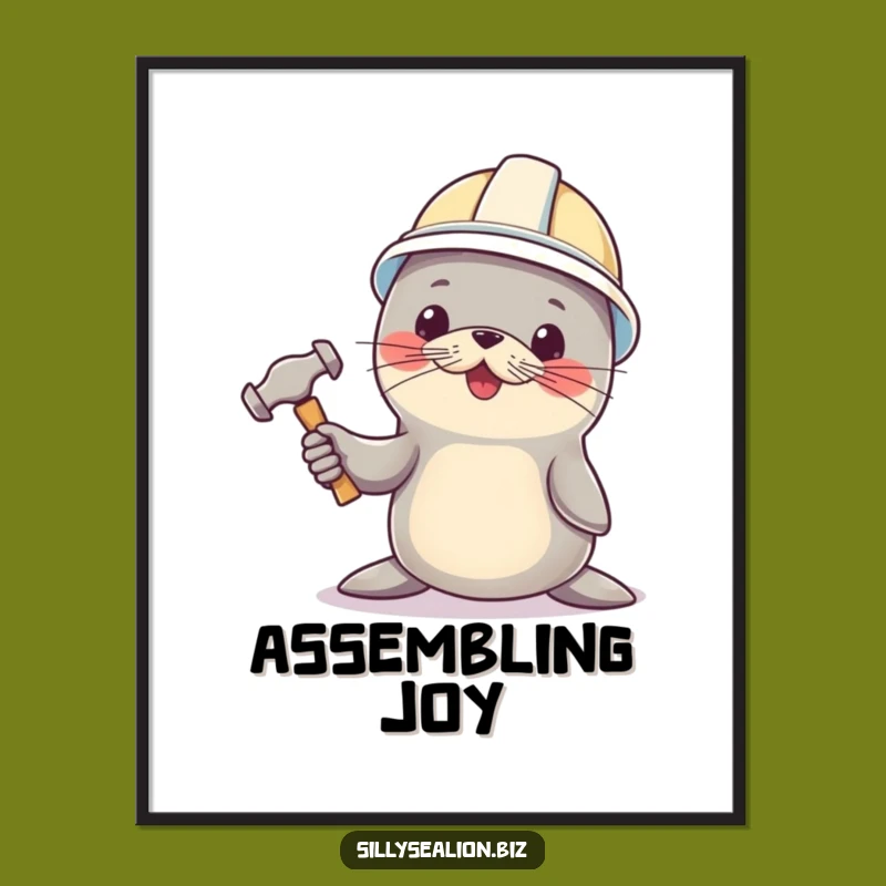 Funny Sea Lion Builder Digital Art: Hard Hat Pup Holding Hammer Printable Decor