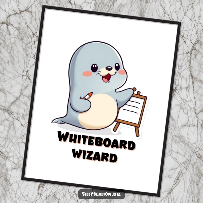 Funny sea lion digital art print of a happy sea lion character presenting with a pointer and whiteboard, ideal for learning spaces.