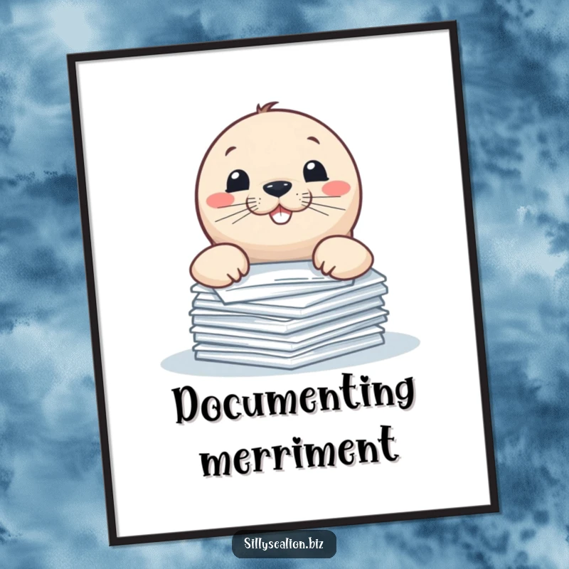 Funny sea lion digital art print, playfully peeking over papers with a mischievous grin, for charming office decor.