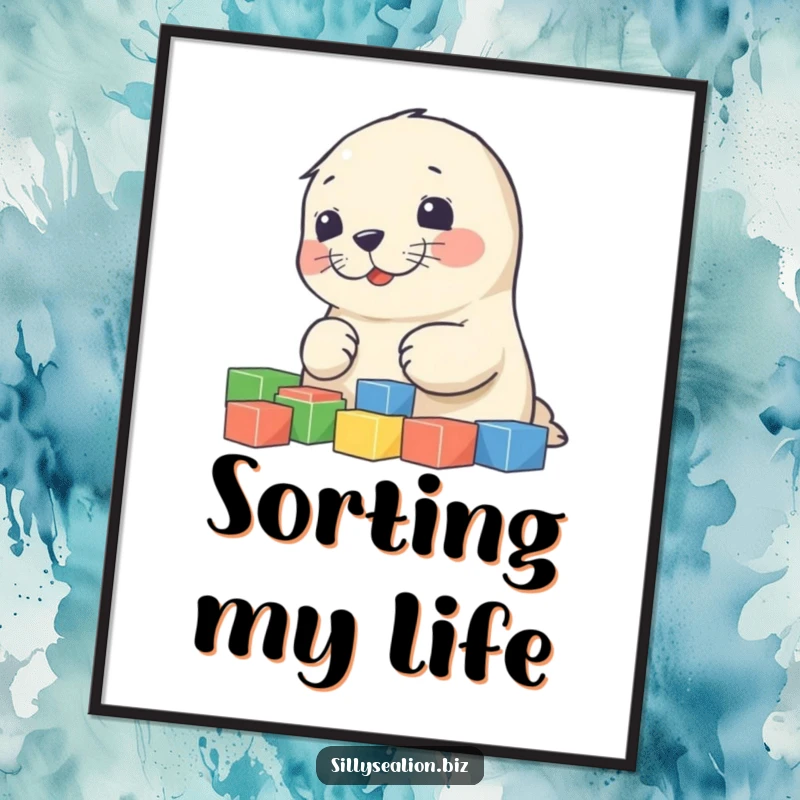 Funny sea lion pup digital art print showing a cute pup happily sorting colorful blocks, perfect for instant, cheerful home decor.