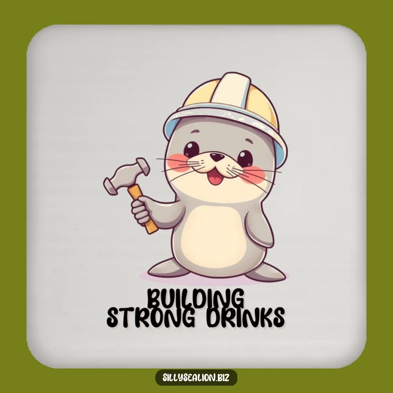 Funny Sea Lion Builder Drink Coaster: Protect Surfaces with Hard Hat Flair