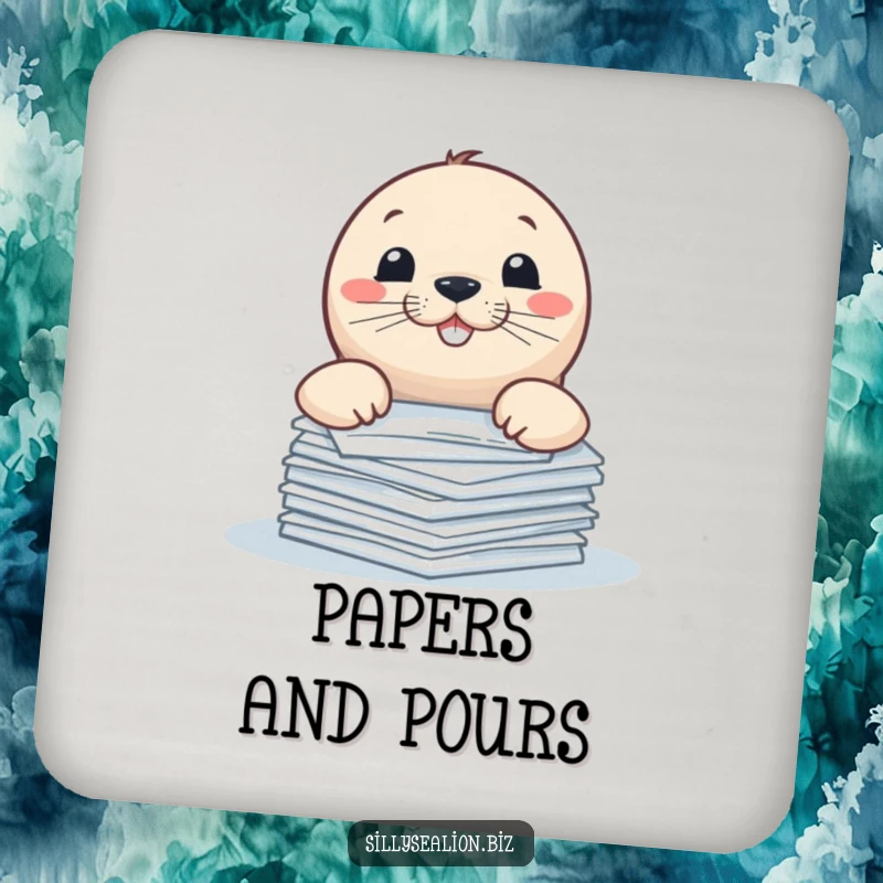 Funny sea lion coaster, playfully peeking over papers with a mischievous grin, adding office humor to drinks.