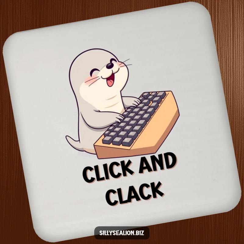 Funny sea lion drink coasters showing a cute sea lion character typing on a huge keyboard, adding playful tech vibes.