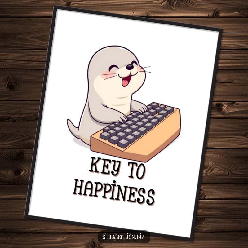 Funny sea lion poster depicting a cute sea lion character joyfully typing on a comically large keyboard, symbolizing productivity.
