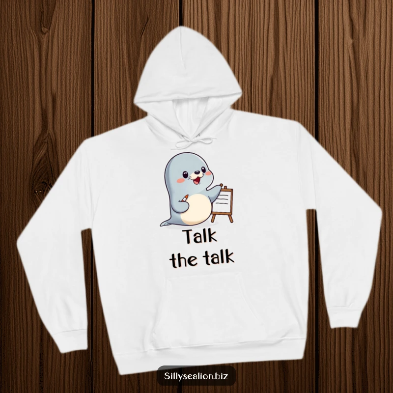 Funny sea lion hoodie showing a happy sea lion character giving a presentation with a pointer and a whiteboard, ideal for educators.