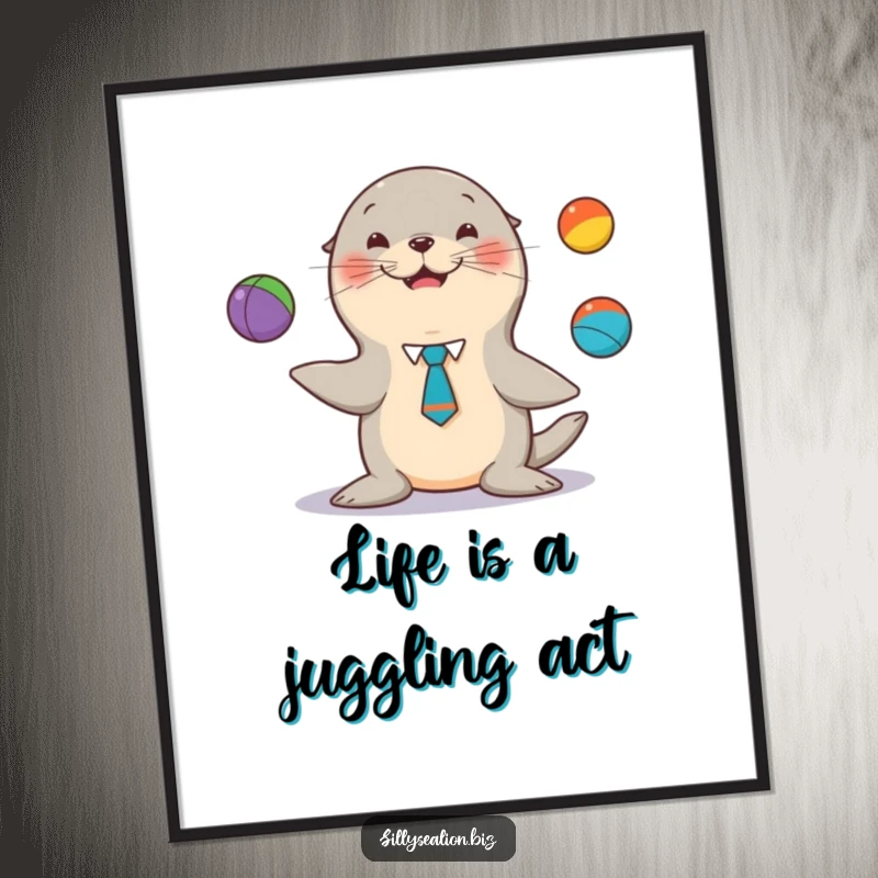 Funny Free Printable Wall Art of a sea lion pup in a tiny tie, expertly juggling three vibrant balls with a look of pure delight.