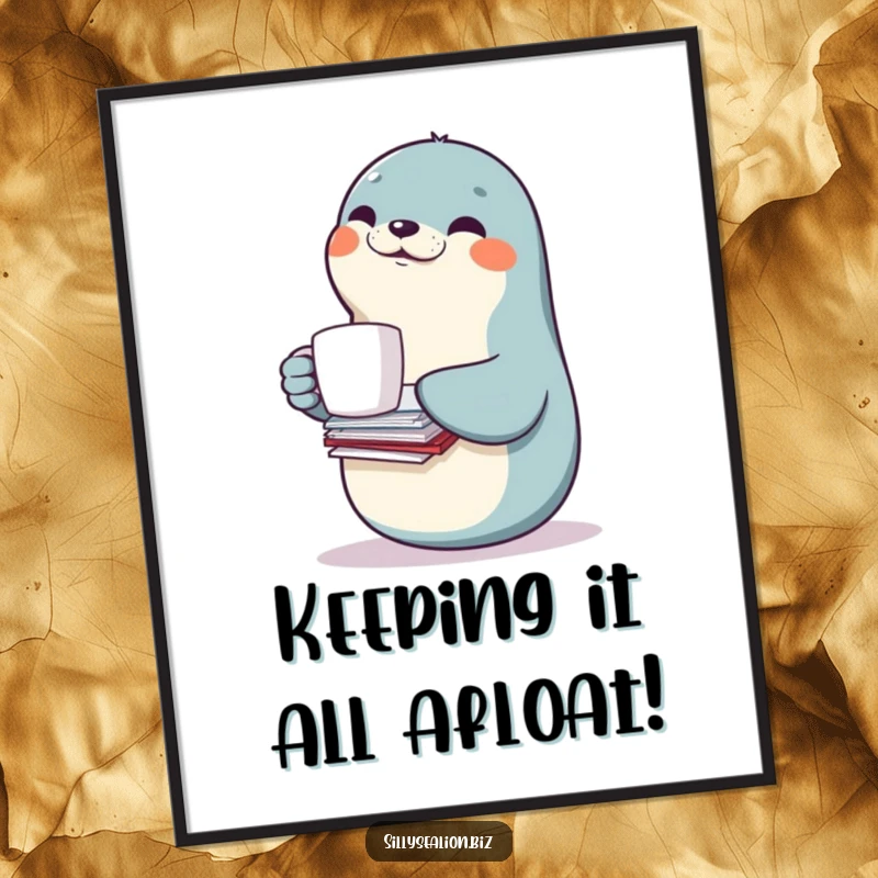 Funny Free Printable Wall Art of a smiling sea lion character balancing a coffee mug and a stack of papers with impressive skill.