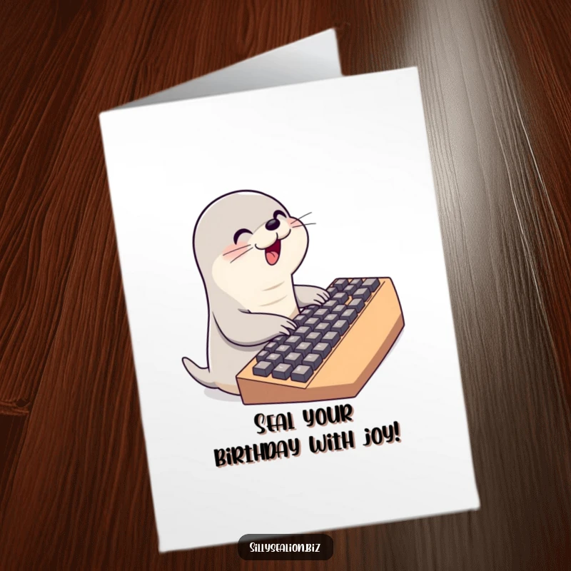 Funny Free Printable Birthday Card of a cute sea lion character typing enthusiastically on an oversized computer keyboard.