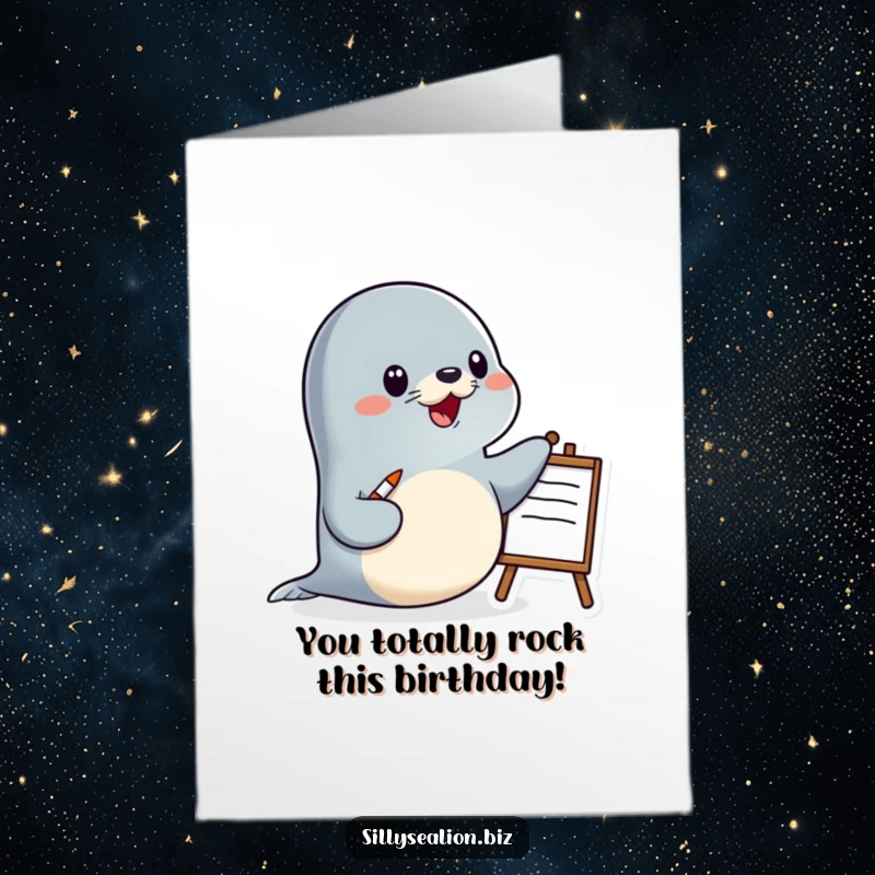 Funny Free Printable Birthday Card of a happy sea lion character confidently giving a presentation with a pointer and a whiteboard.