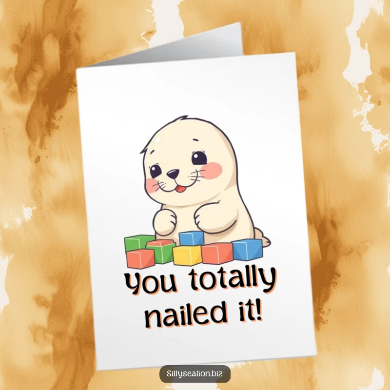 Funny Free Printable Congrats Card: Adorable sea lion pup concentrating on sorting colorful blocks, a unique way to say congrats.