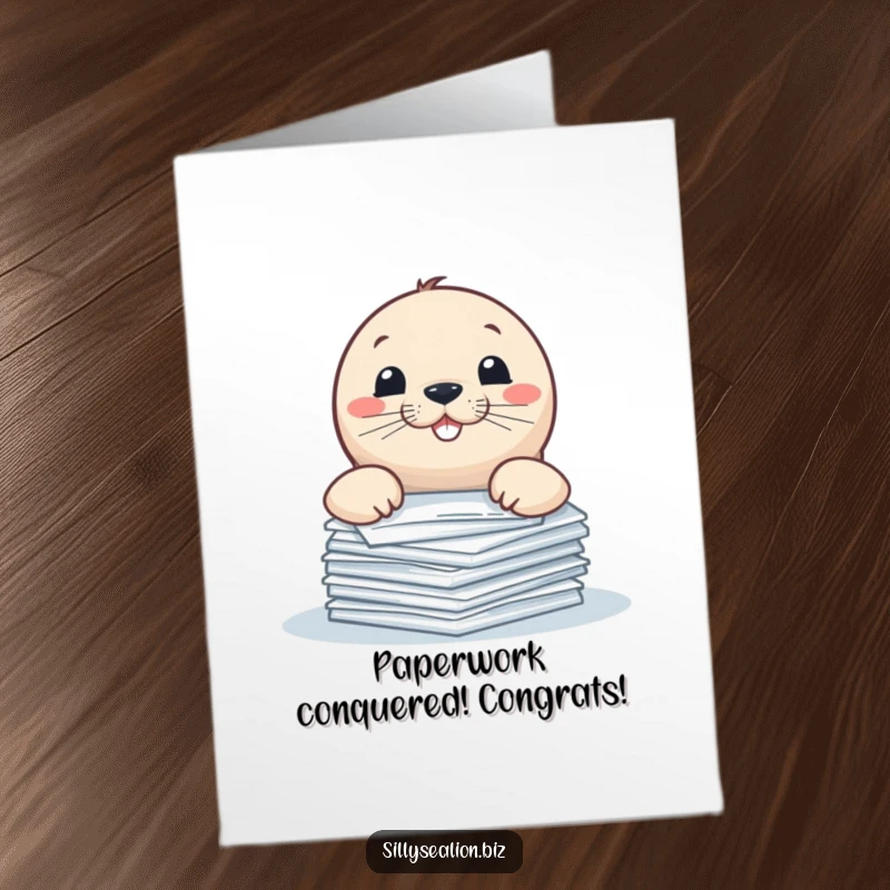 Funny Free Printable Congratulations Card showing a sea lion pup peeking over piled papers with a cheeky grin, celebrating success.
