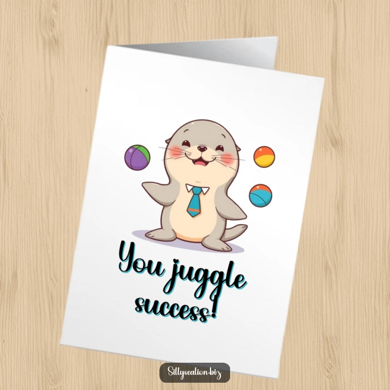 Funny Free Printable Congratulations Card showing a tie-wearing sea lion pup joyfully juggling balls, celebrating a big win with flair.