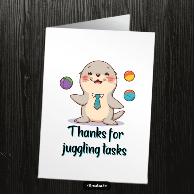 Funny Free Printable Thank You Card featuring a sea lion pup in a tie, happily juggling colorful balls with a grateful smile.