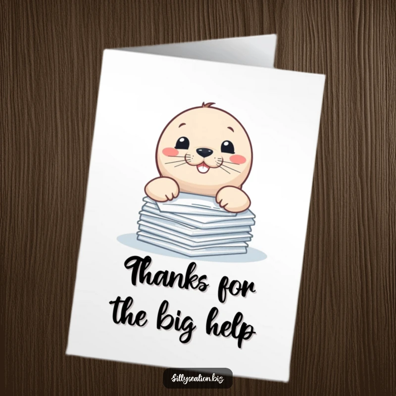 Funny Free Printable Thank You Card of a sea lion pup peeking over a stack of papers, offering a playful grin of thanks.