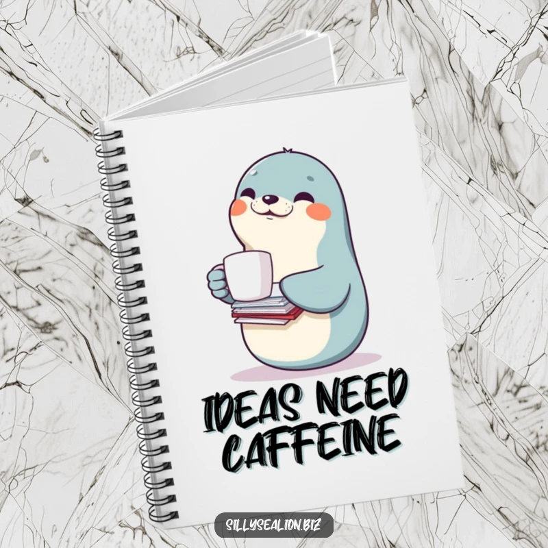 Funny sea lion notebook with a smiling sea lion character balancing a coffee mug and papers, perfect for planning and notes.