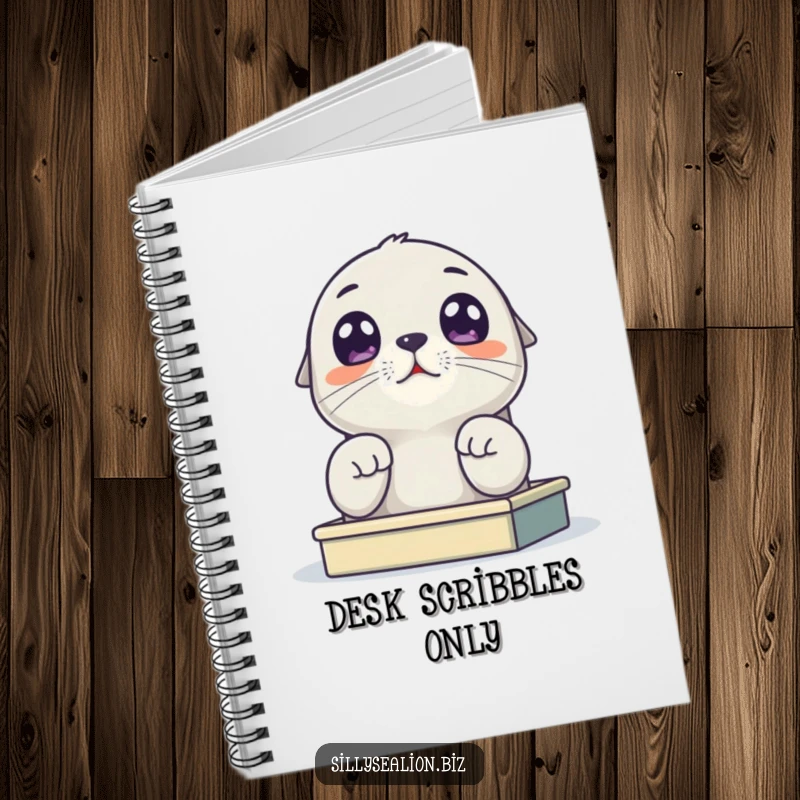 Funny sea lion pup notebook featuring a cute pup with wide eyes looking up from a tiny desk, inspiring focus and humor.