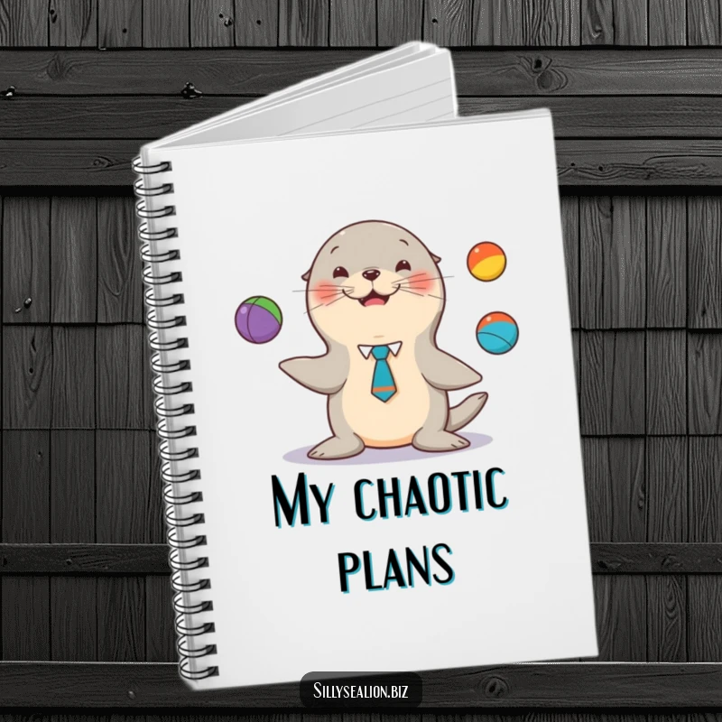Funny sea lion notebook, a tie, happily juggling colorful balls, perfect for jotting down ideas humorously.