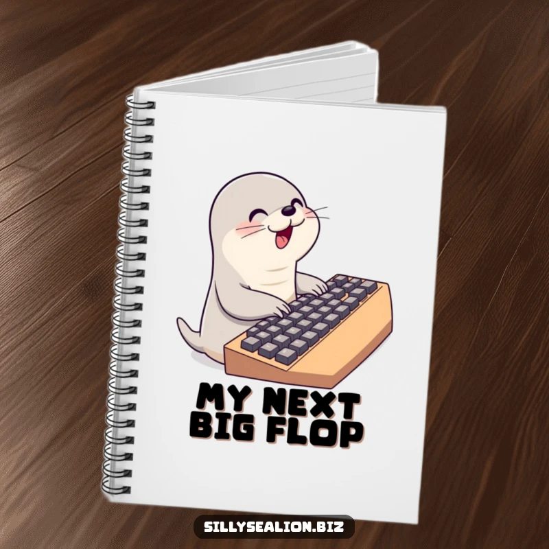 Funny sea lion notebook featuring a cute sea lion character typing diligently on a large keyboard, great for notes and ideas.
