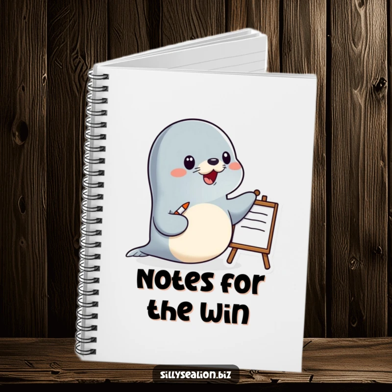 Funny sea lion notebook with a happy sea lion character presenting with a pointer and a whiteboard, perfect for notes and ideas.