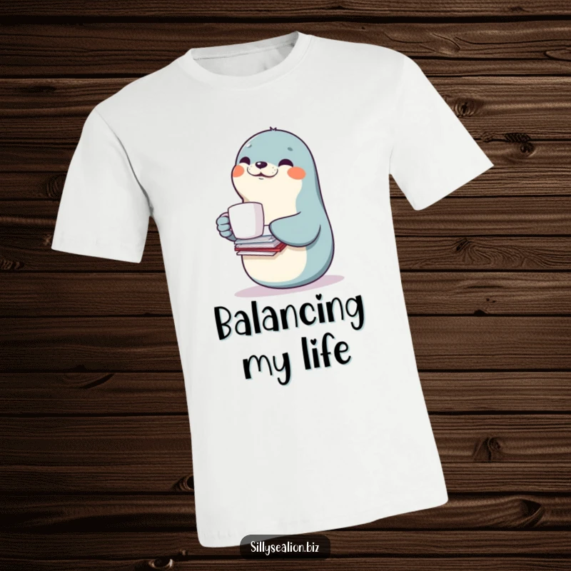Funny sea lion t-shirt depicting a smiling sea lion balancing a coffee mug and a precarious pile of documents.