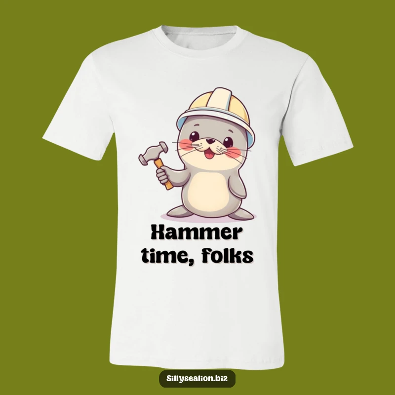 Funny Sea Lion Builder T-Shirt: Hard Hat Pup with Hammer, Ready to Work