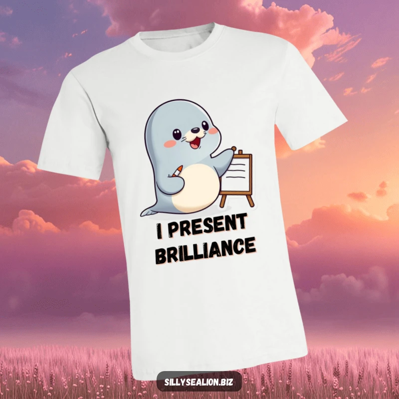 Funny sea lion t-shirt depicting a happy sea lion character energetically presenting with a pointer and a whiteboard.