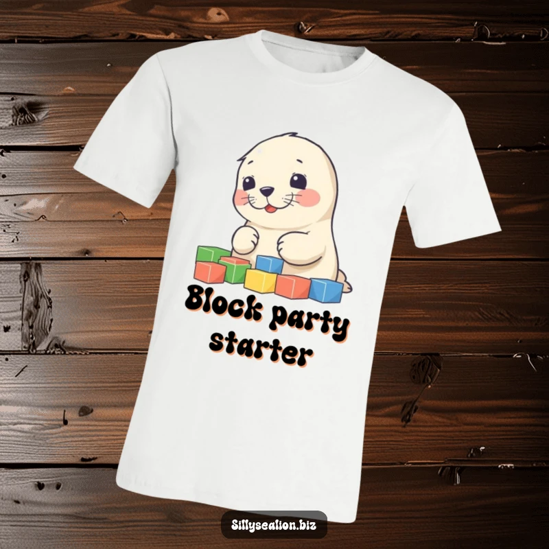 Funny sea lion pup t-shirt showing a cute pup enthusiastically sorting small, colorful building blocks with pure delight.