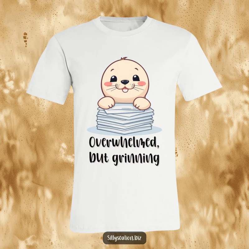Funny sea lion t-shirt, playfully peeking over a stack of papers with a wide, mischievous grin.