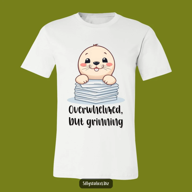 Funny Sea Lion Paper Peeker T-Shirt: Playful Pup Grinning Over Documents