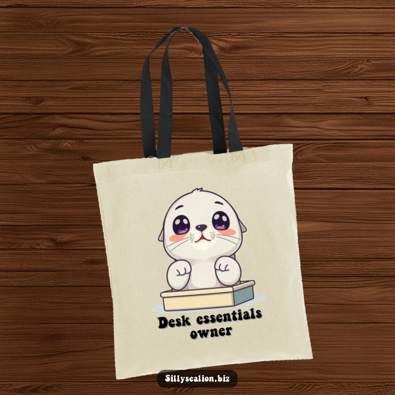Funny sea lion pup tote bag with a cute pup looking up with wide eyes from a tiny desk, symbolizing the daily hustle.