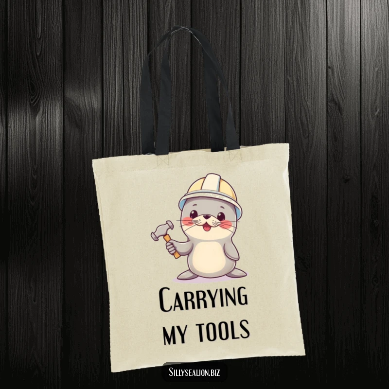 Funny sea lion tote bag, wearing a hard hat, holding a tiny hammer, a charming and humorous carry-all.