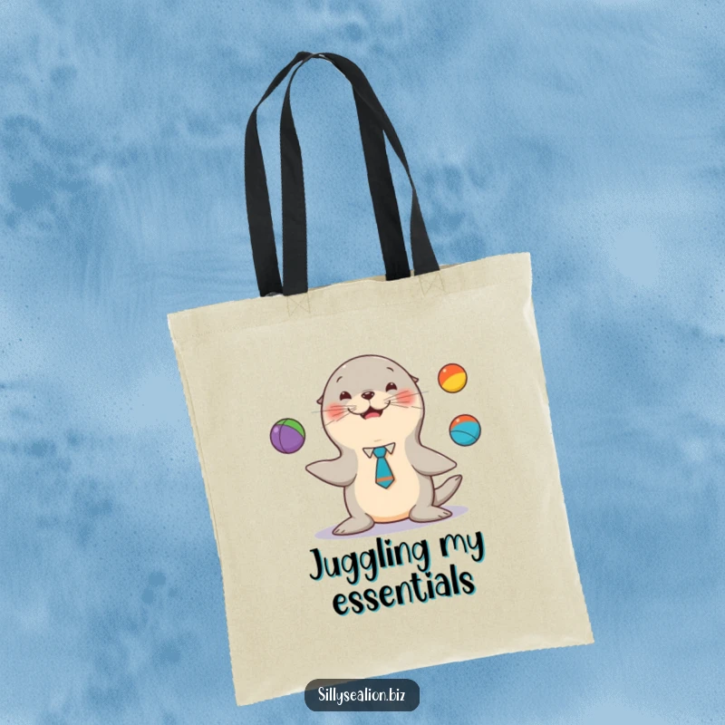 Funny sea lion tote bag, wearing a tie, happily juggling colorful balls, a charming and humorous carry-all.